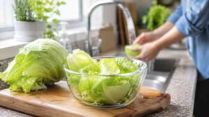 Iceberg lettuce on a kitchen cutting board during food safety preparation