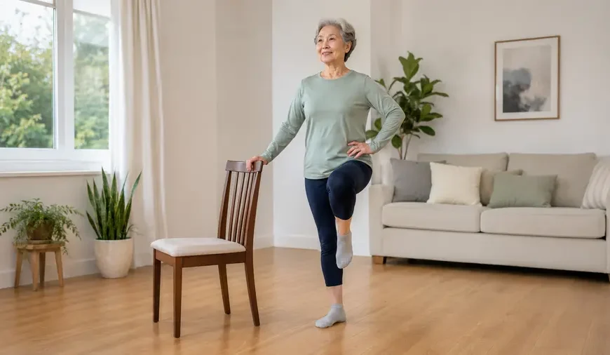 Older adult practicing a supported balance exercise beside a chair in a bright home room