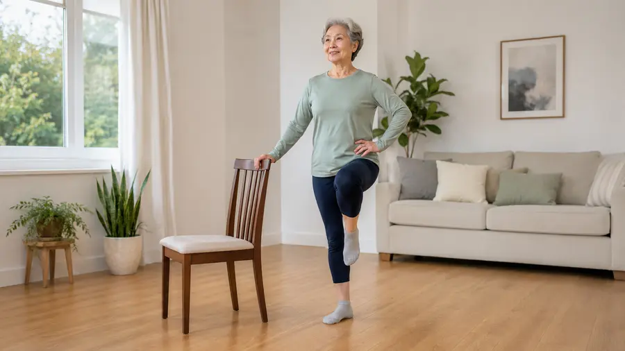 Older adult practicing a supported balance exercise beside a chair in a bright home room
