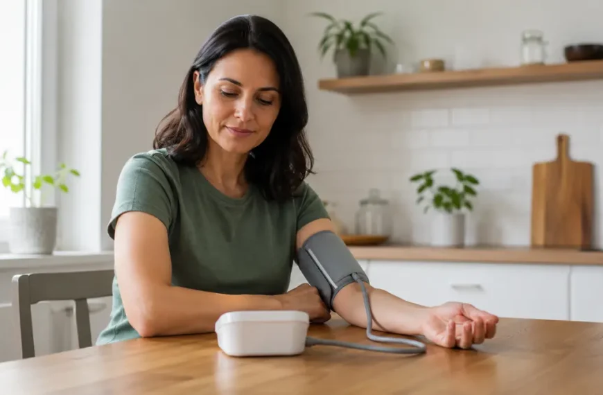 Adult using an upper-arm home blood pressure monitor at a kitchen table