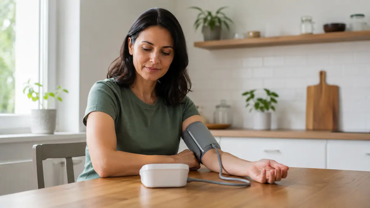 Adult using an upper-arm home blood pressure monitor at a kitchen table