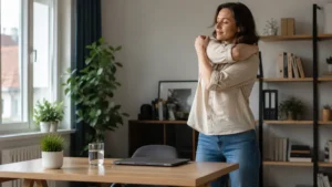 Person stretching beside a desk during a short movement break in a bright home office