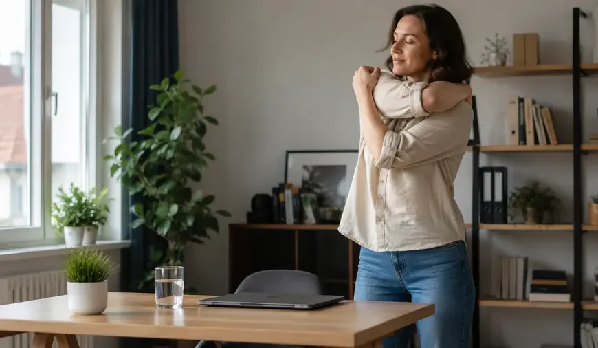 Person stretching beside a desk during a short movement break in a bright home office