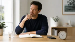 Adult sitting at a bright home desk with a notebook, water glass, phone, and clock while reviewing daily energy habits