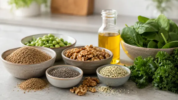 Bowls of flaxseed, chia seeds, walnuts, hemp seeds, greens, and edamame arranged on a kitchen counter.