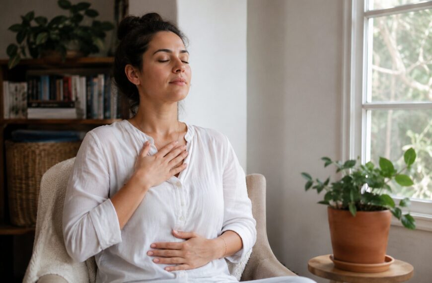 Person practicing slow breathing near a bright window