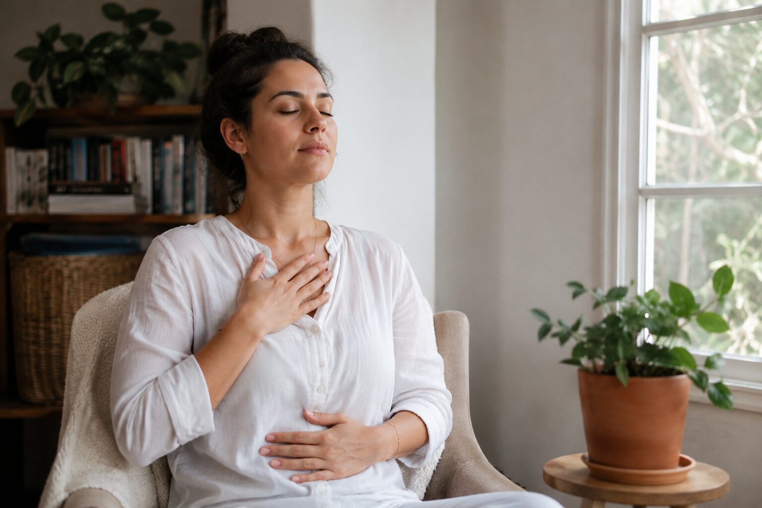 Person practicing slow breathing near a bright window
