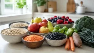 Oatmeal, barley, lentils, beans, apples, pears, berries, and vegetables arranged on a bright kitchen counter