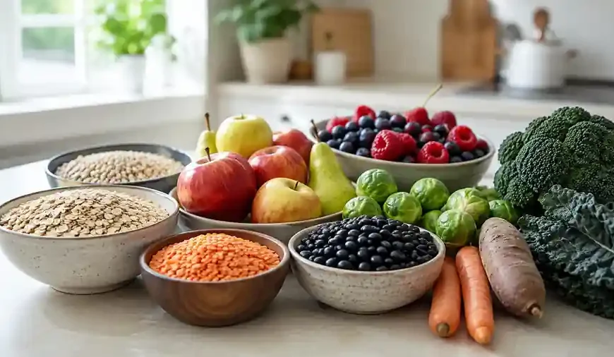 Oatmeal, barley, lentils, beans, apples, pears, berries, and vegetables arranged on a bright kitchen counter