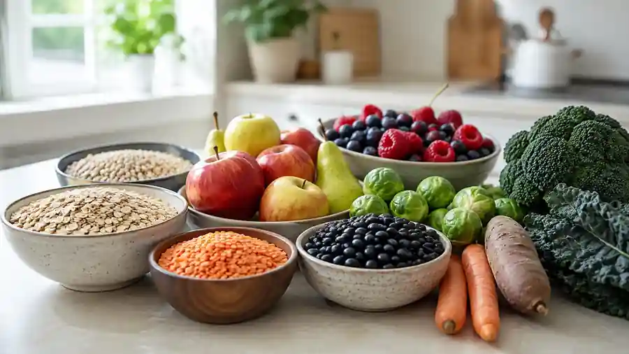 Oatmeal, barley, lentils, beans, apples, pears, berries, and vegetables arranged on a bright kitchen counter