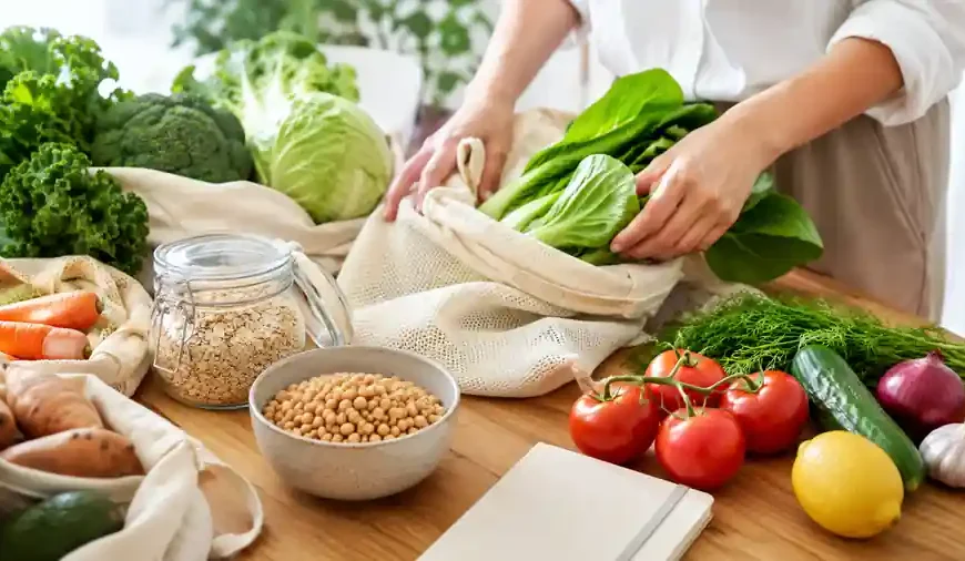 Reusable grocery bags filled with vegetables, oats, and legumes on a kitchen counter