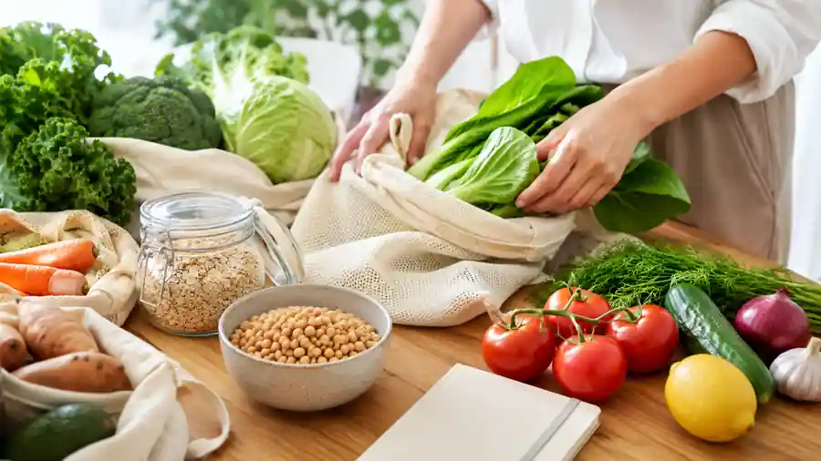 Reusable grocery bags filled with vegetables, oats, and legumes on a kitchen counter