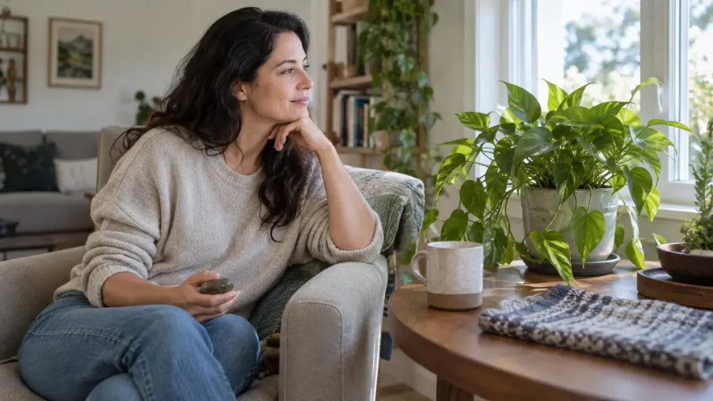 Adult holding a smooth stone while noticing a plant and other sensory details in a bright living room