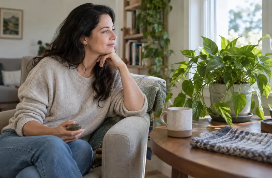 Adult holding a smooth stone while noticing a plant and other sensory details in a bright living room