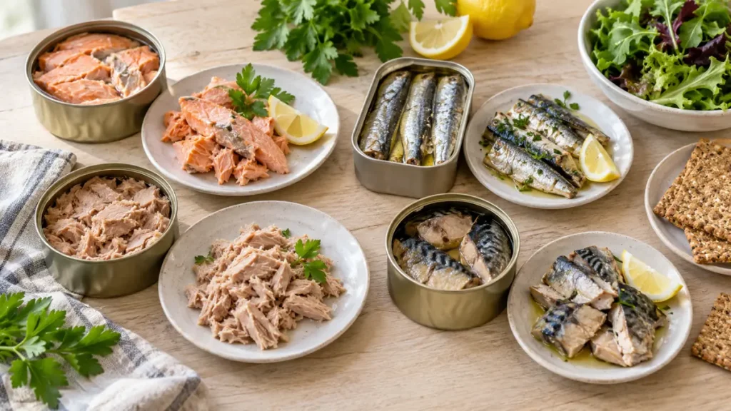 Open cans and plates of salmon, sardines, light tuna, and mackerel with lemon, greens, and whole-grain crackers
