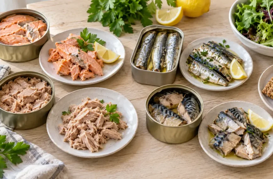 Open cans and plates of salmon, sardines, light tuna, and mackerel with lemon, greens, and whole-grain crackers