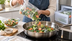 Home cook pouring frosty broccoli, peas, carrots, and green beans into a stainless-steel skillet