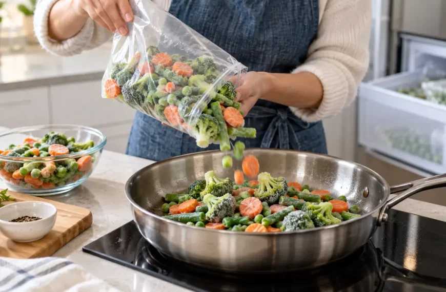 Home cook pouring frosty broccoli, peas, carrots, and green beans into a stainless-steel skillet