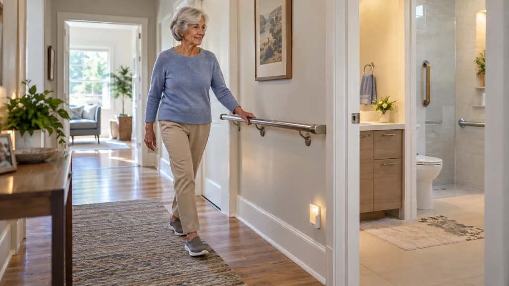 Older woman walking through a well-lit hallway with secure handrails beside a bathroom