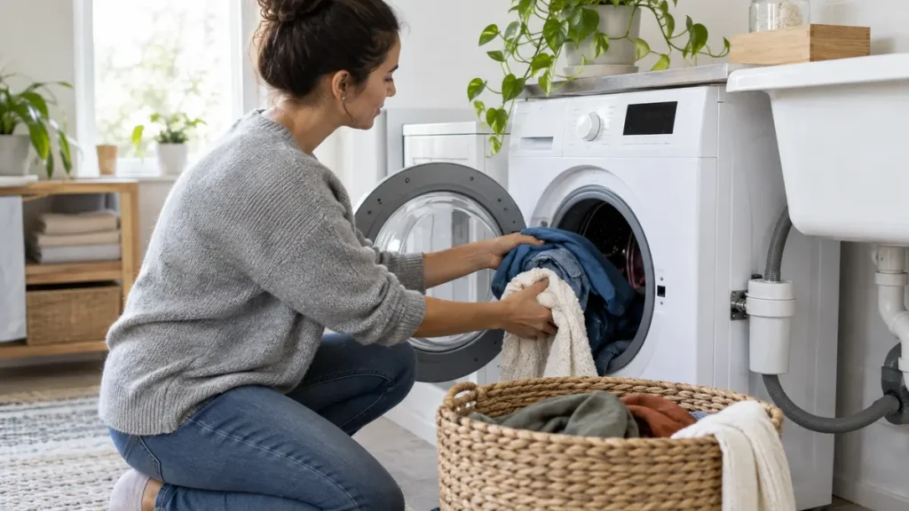 Woman loading colorful clothes into a front-loading washing machine in a bright laundry room