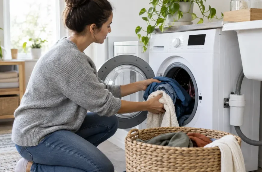 Woman loading colorful clothes into a front-loading washing machine in a bright laundry room