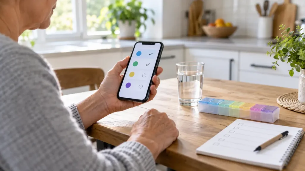 Older adult using a medication reminder app beside a pill organizer and glass of water
