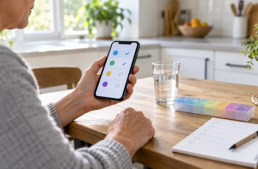 Older adult using a medication reminder app beside a pill organizer and glass of water