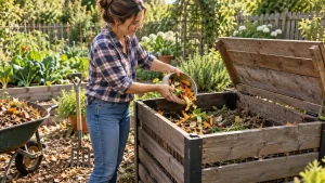 Woman adding fruit and vegetable scraps to a wooden backyard compost bin