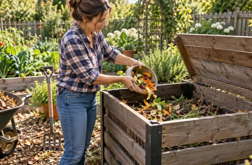 Woman adding fruit and vegetable scraps to a wooden backyard compost bin