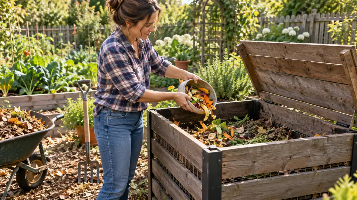 Woman adding fruit and vegetable scraps to a wooden backyard compost bin