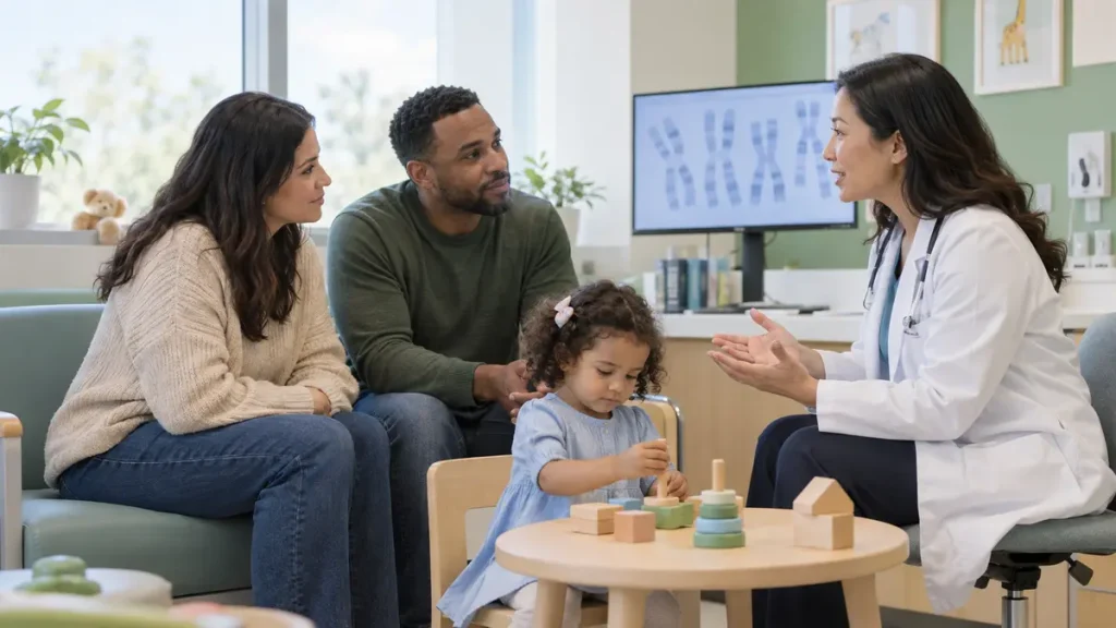 Parents and young child speaking with a pediatric specialist in a genetics clinic