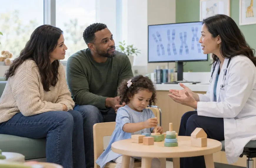 Parents and young child speaking with a pediatric specialist in a genetics clinic