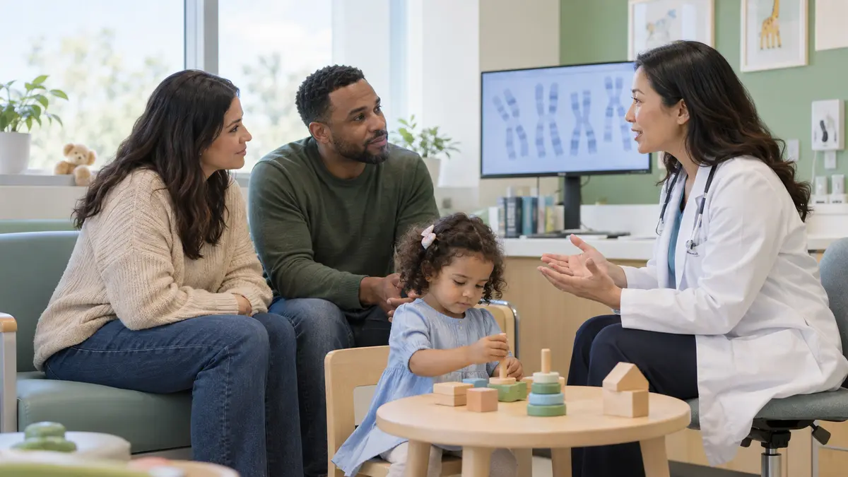 Parents and young child speaking with a pediatric specialist in a genetics clinic