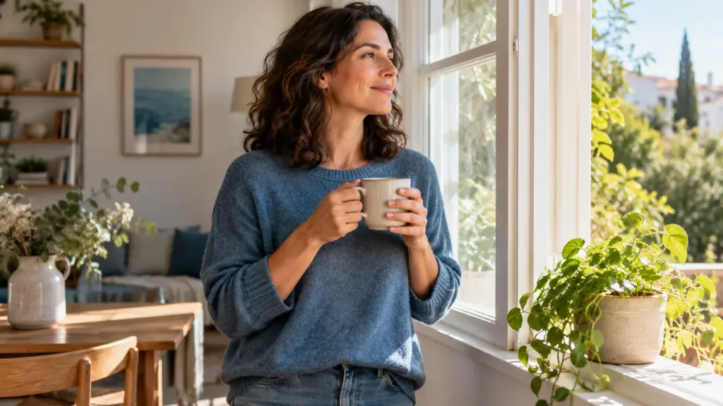 Adult holding a warm drink beside a sunlit window with a small green plant