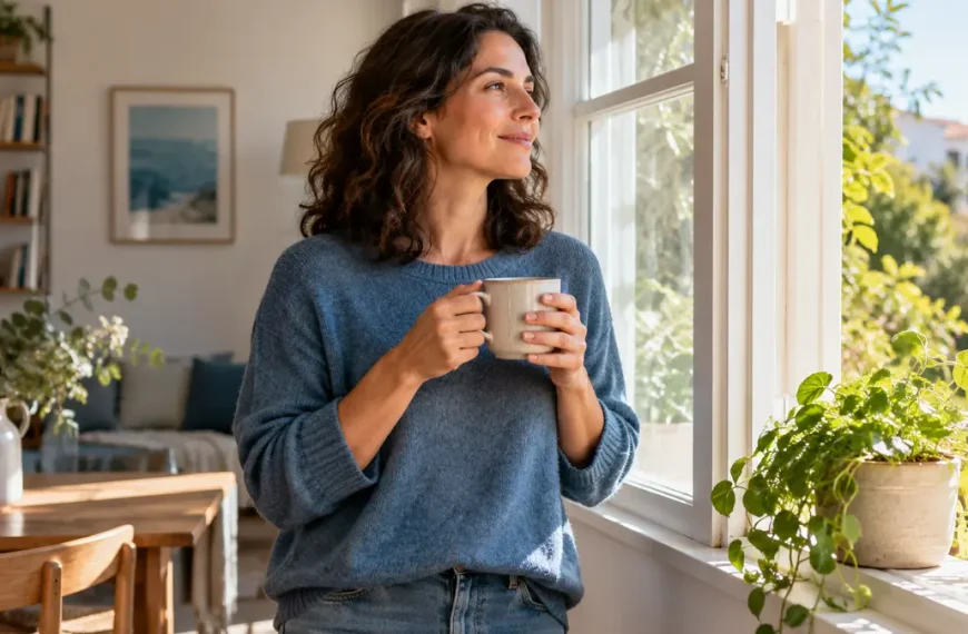 Adult holding a warm drink beside a sunlit window with a small green plant