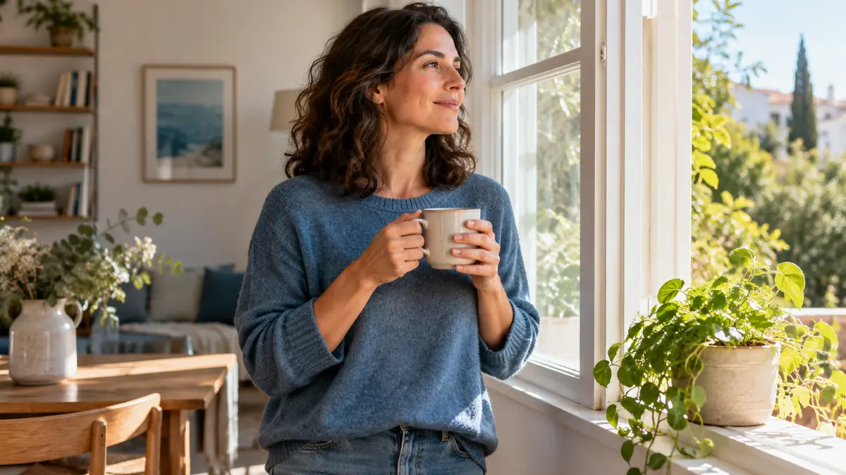 Adult holding a warm drink beside a sunlit window with a small green plant
