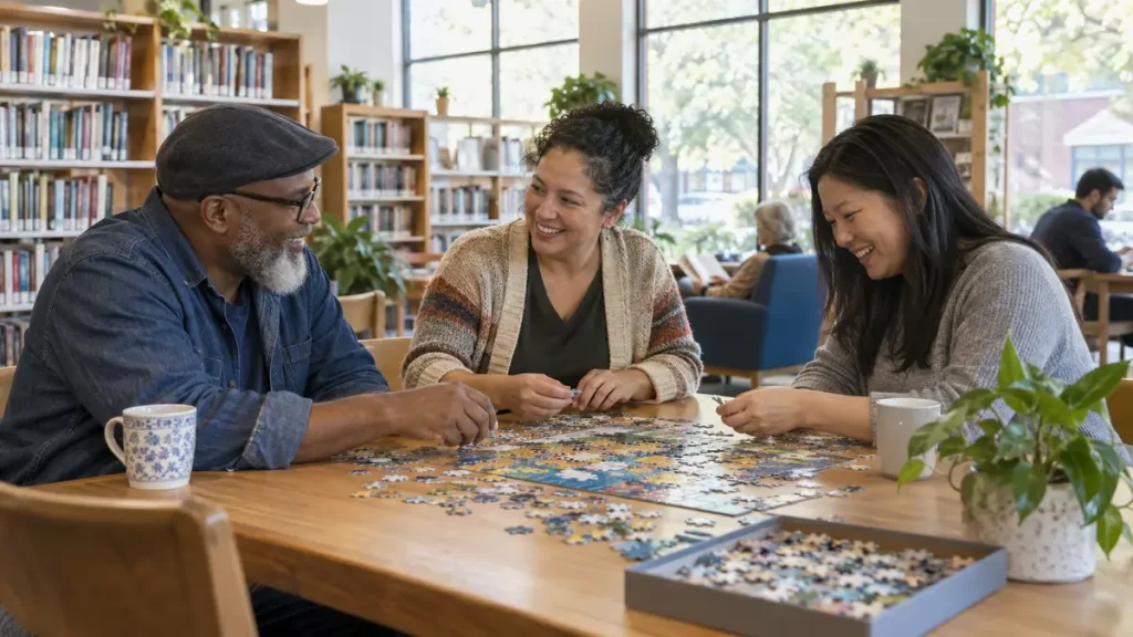 Three adults working on a jigsaw puzzle together at a community library table