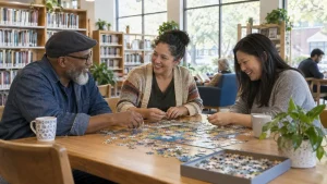 Three adults working on a jigsaw puzzle together at a community library table