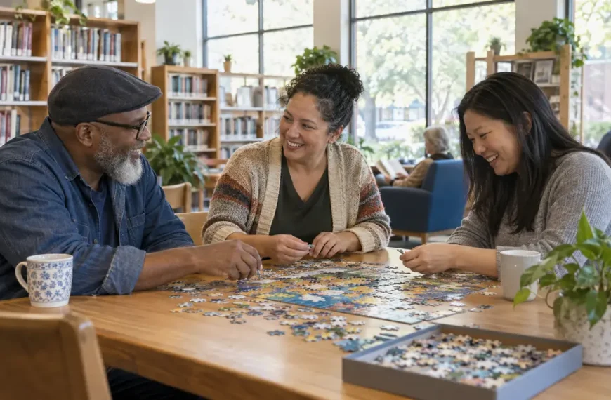 Three adults working on a jigsaw puzzle together at a community library table