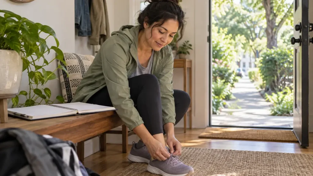 Adult tying walking shoes beside an open planner in a sunlit entryway
