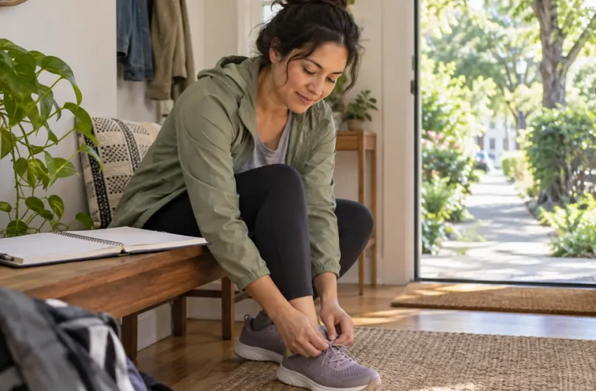 Adult tying walking shoes beside an open planner in a sunlit entryway