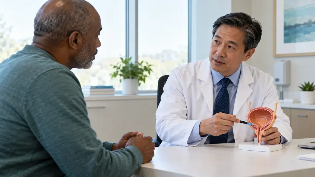 Urologic oncologist discussing a bladder model with an adult patient