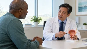 Urologic oncologist discussing a bladder model with an adult patient