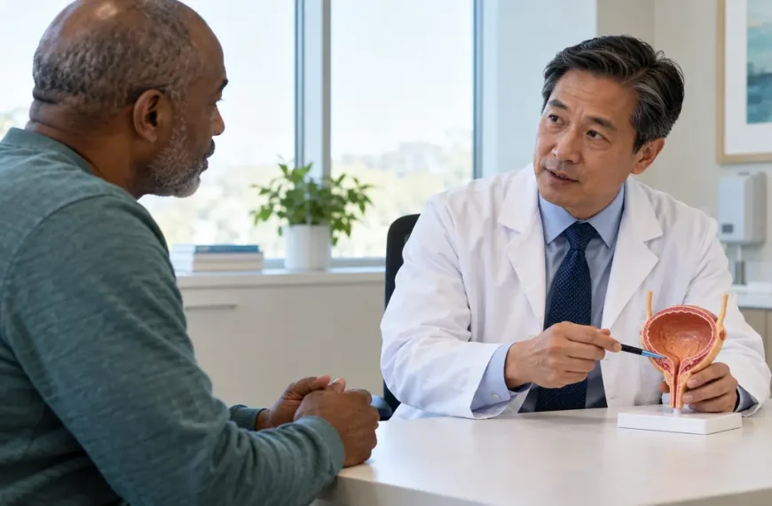 Urologic oncologist discussing a bladder model with an adult patient