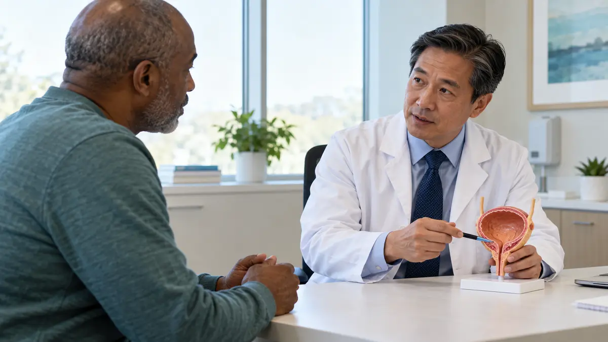 Urologic oncologist discussing a bladder model with an adult patient