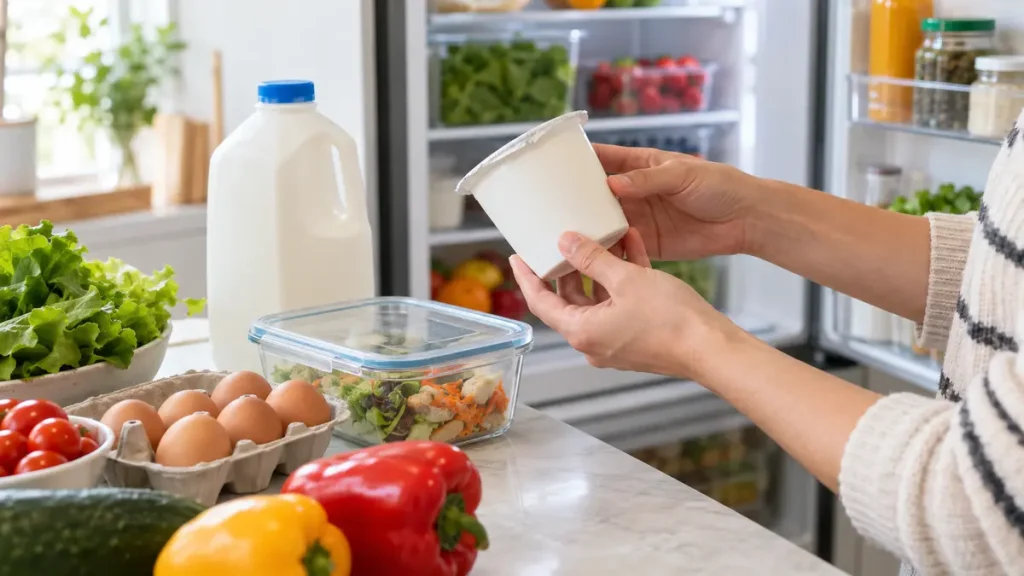 Adult checking an unbranded yogurt container beside refrigerated foods on a kitchen counter