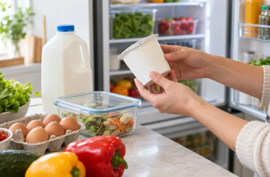 Adult checking an unbranded yogurt container beside refrigerated foods on a kitchen counter