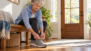 Older woman lacing supportive walking shoes in a sunlit home entryway