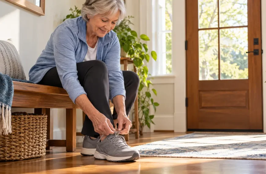 Older woman lacing supportive walking shoes in a sunlit home entryway