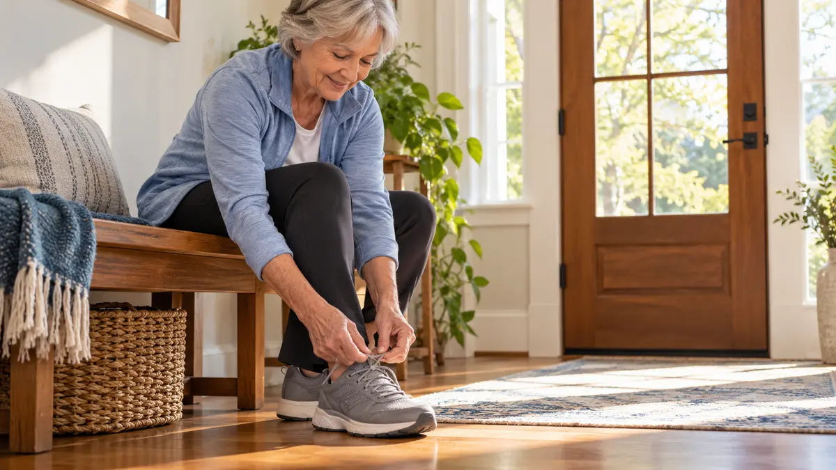 Older woman lacing supportive walking shoes in a sunlit home entryway